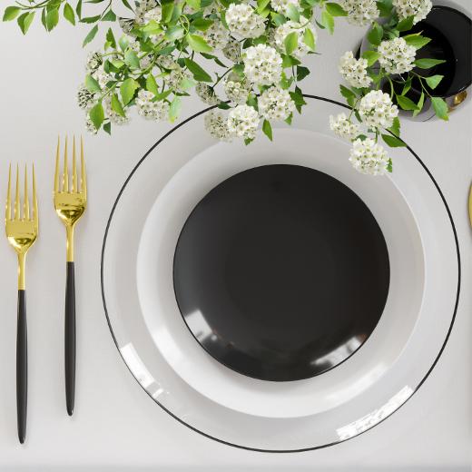 Main image of Disposable Clear, Black and White Dinnerware Set