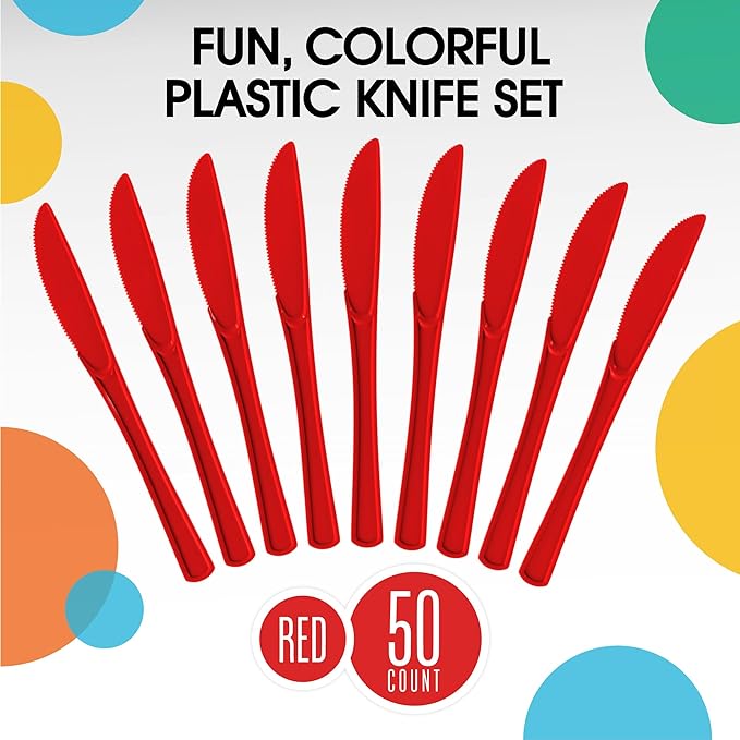 Heavy Duty Red Plastic Knives | 50 Count