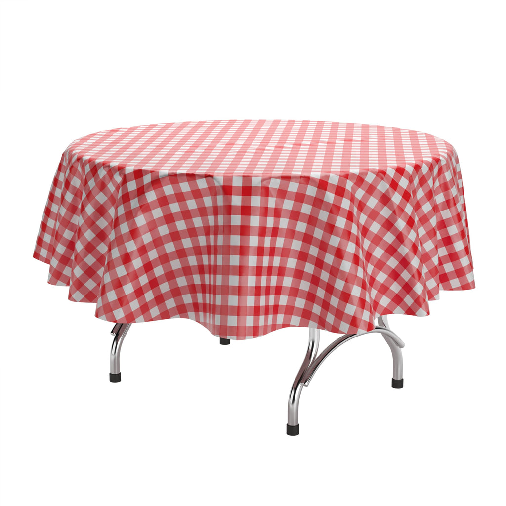 Round Red Gingham Print Plastic Tablecloth