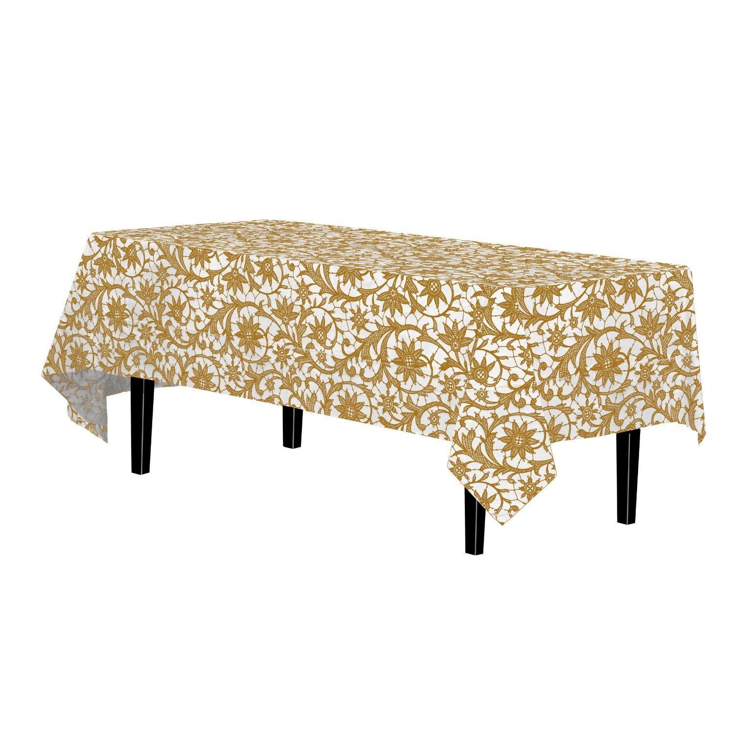 54in. x 108in. Printed Plastic Table cover Gold Lace - 48 ct.