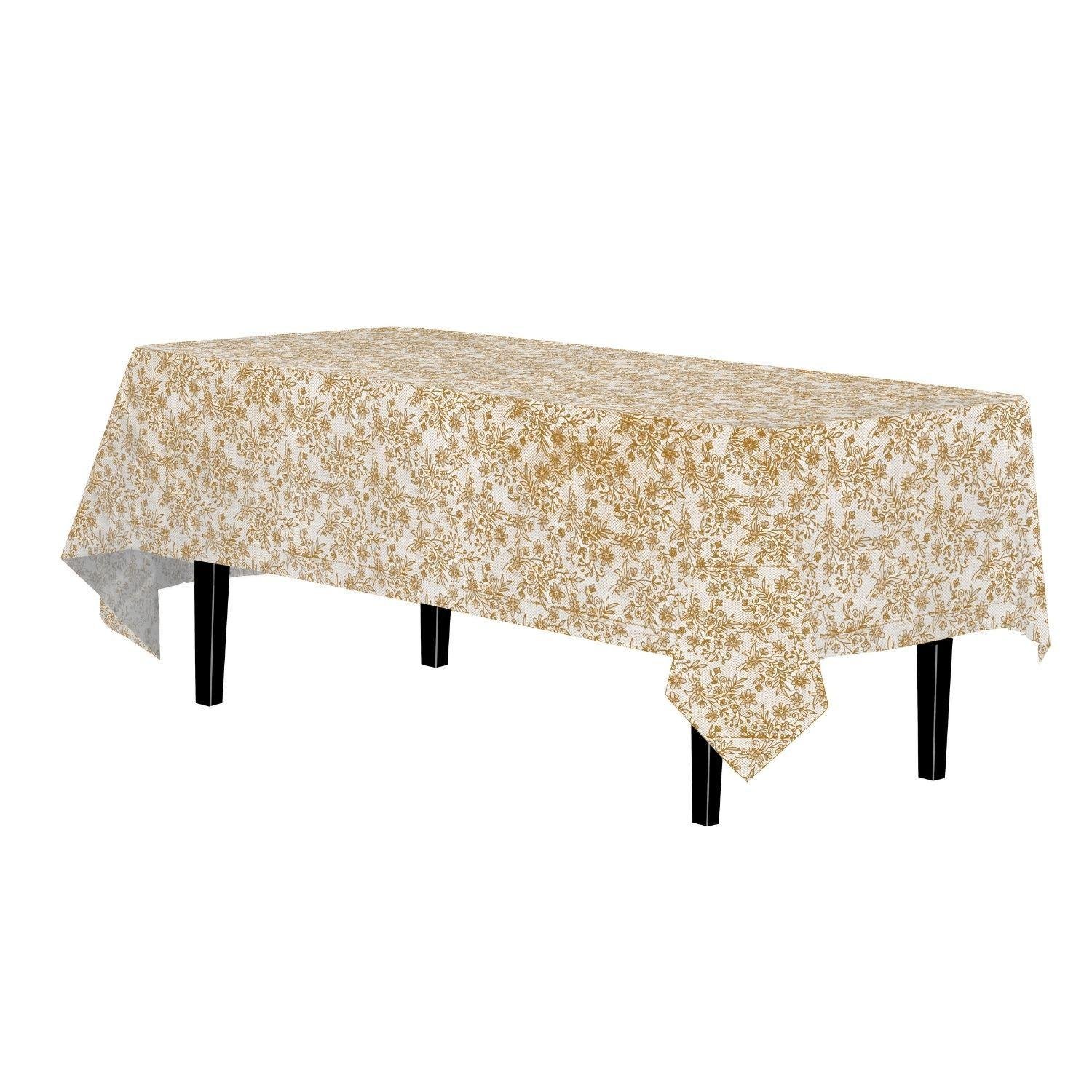 54in. x 108in. Printed Plastic Table cover Gold Floral - 48 ct.