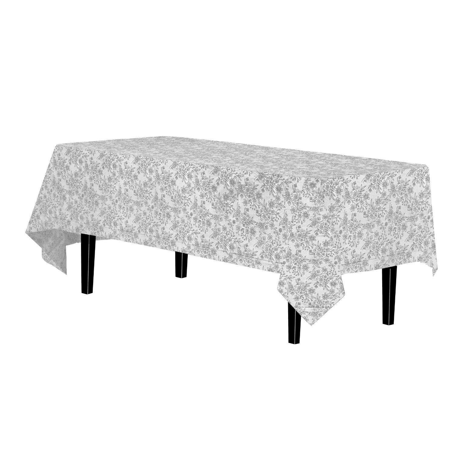 54in. x 108in. Printed Plastic Table cover Silver Floral - 48 ct.