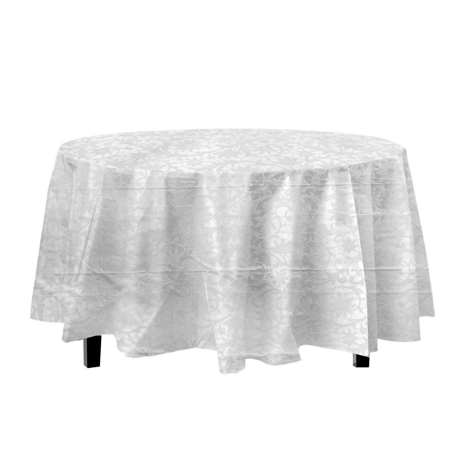 84in. Round Printed Plastic Table cover White Lace - 48 ct.