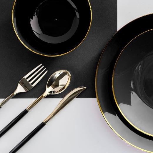 Alternate image of Classic Black Design Plastic Bowls - Gold Rim 10 Ct.