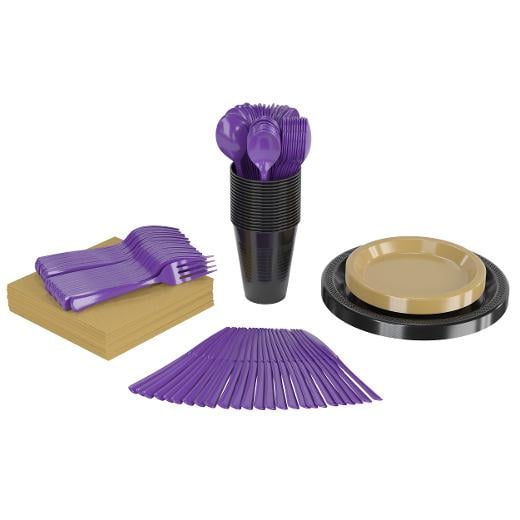 Main image of 350 Pcs Black/Purple/Gold Disposable Tableware Set