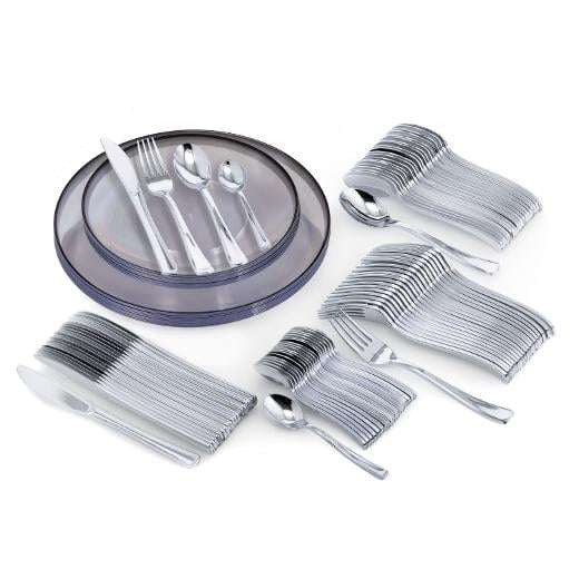 Main image of Classic Clear and Black Rimmed 140 Pack Disposable Dinnerware and Cutlery Combo
