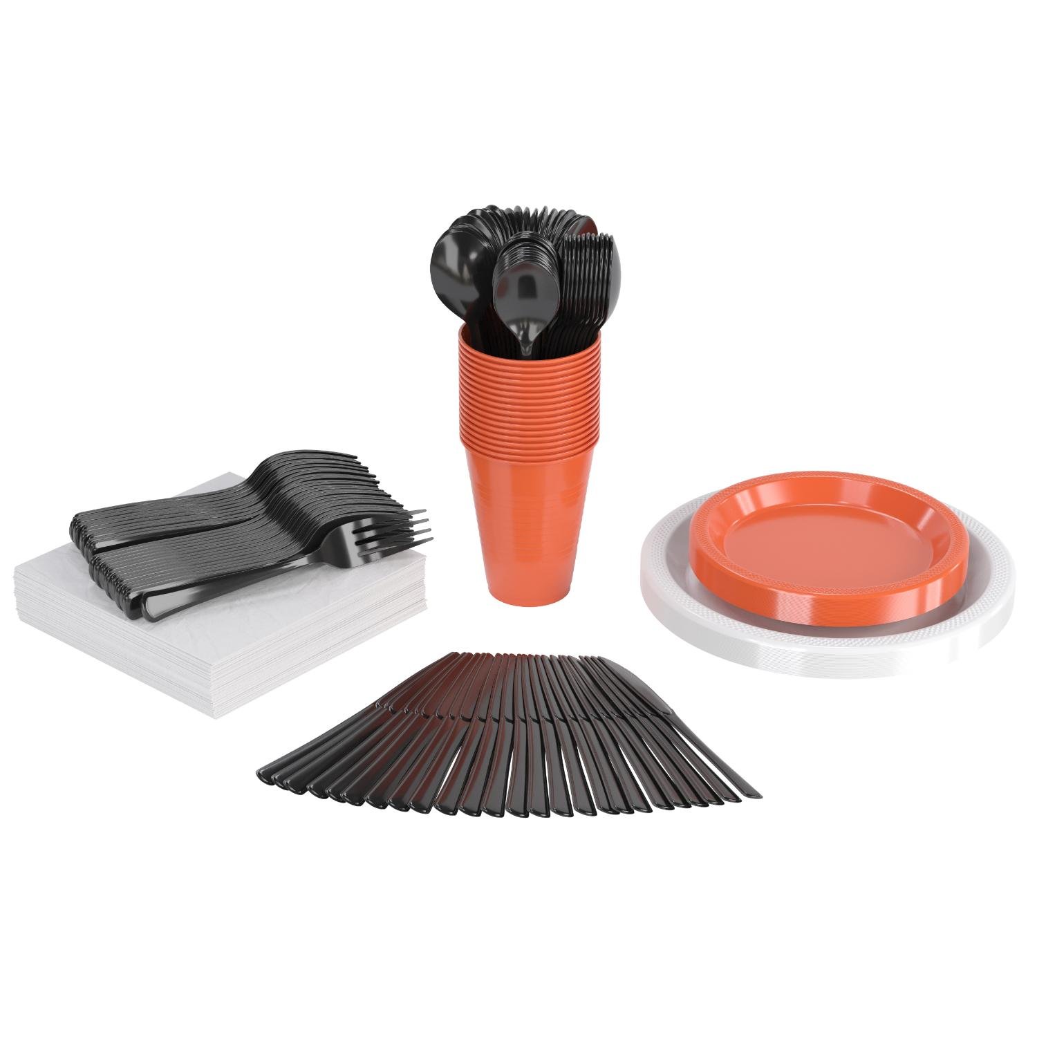 350 Pcs Black/Orange/White Disposable Tableware Set
