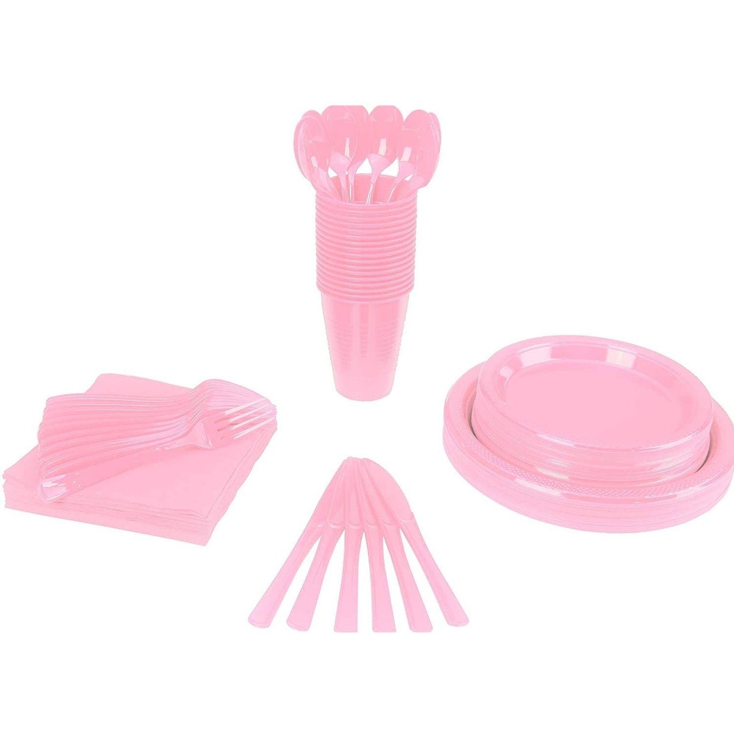 350 Pcs Pink Plastic Tableware Set