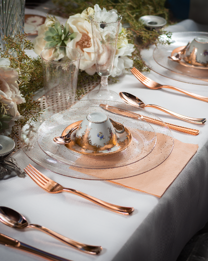 Alternate image of Disposable Rose Gold Sparkle Dinnerware Set