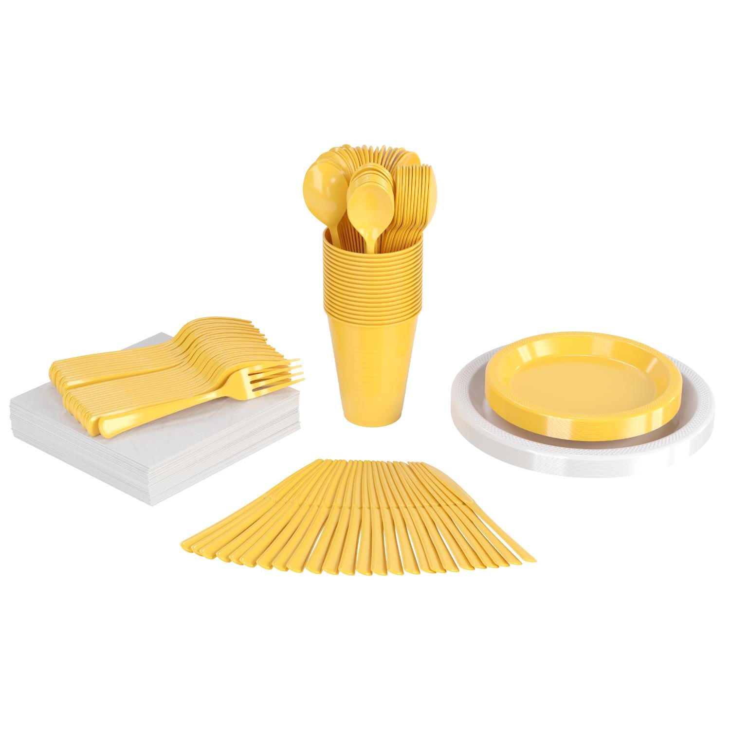 350 Pcs White/Yellow Disposable Tableware Set