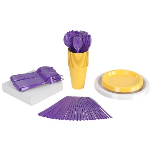 Main image of 350 Pcs Purple/Yellow/White Disposable Tableware Set