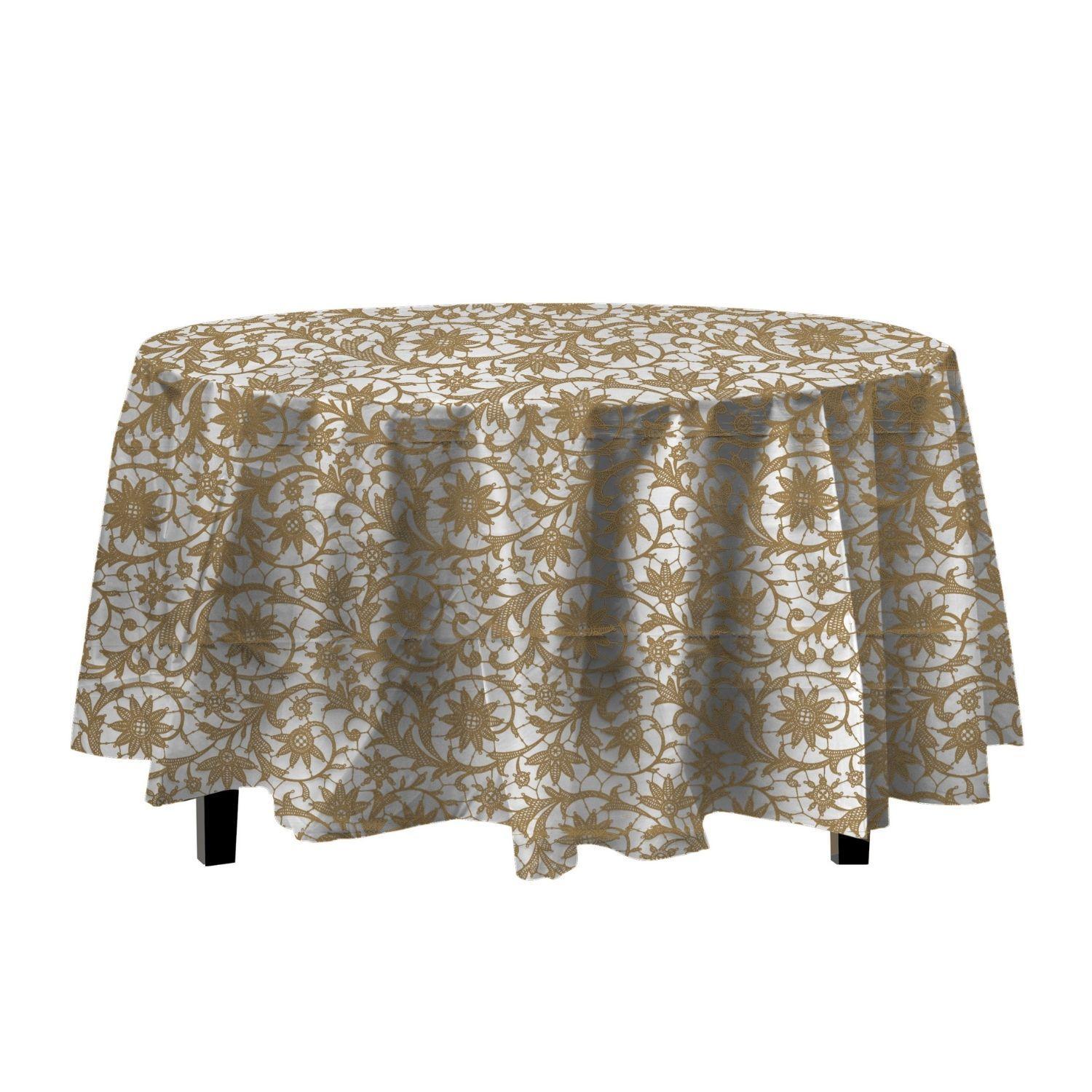 84in. Round Printed Plastic Table cover Gold Lace - 48 ct.