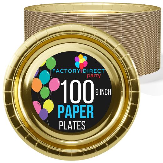 Main image of 9 In. Reflective Gold Paper Plates - 100 Ct.