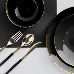 Classic Black Design Plastic Bowls - Gold Rim 10 Ct.