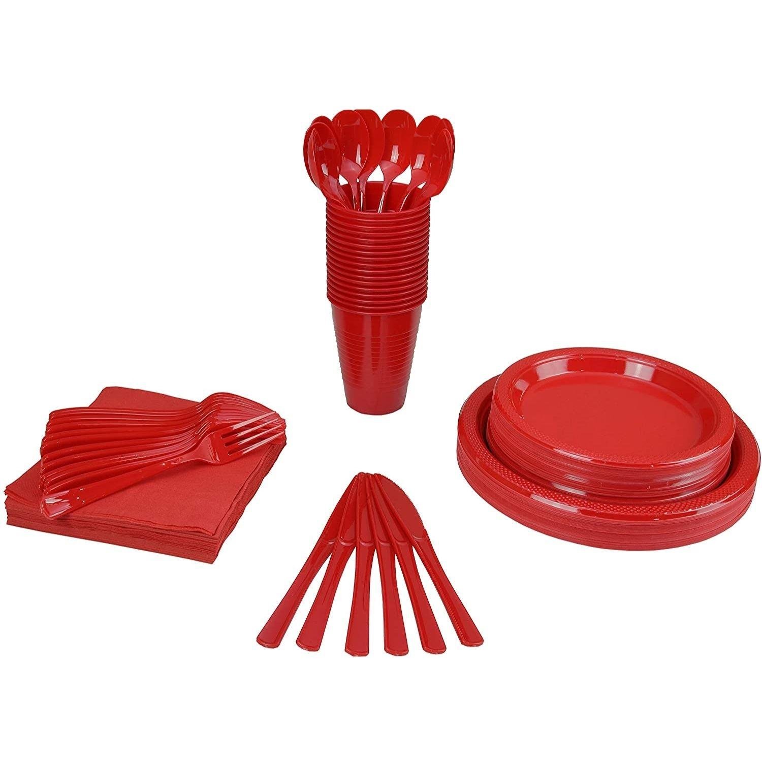 350 Pcs Red Plastic Tableware Set