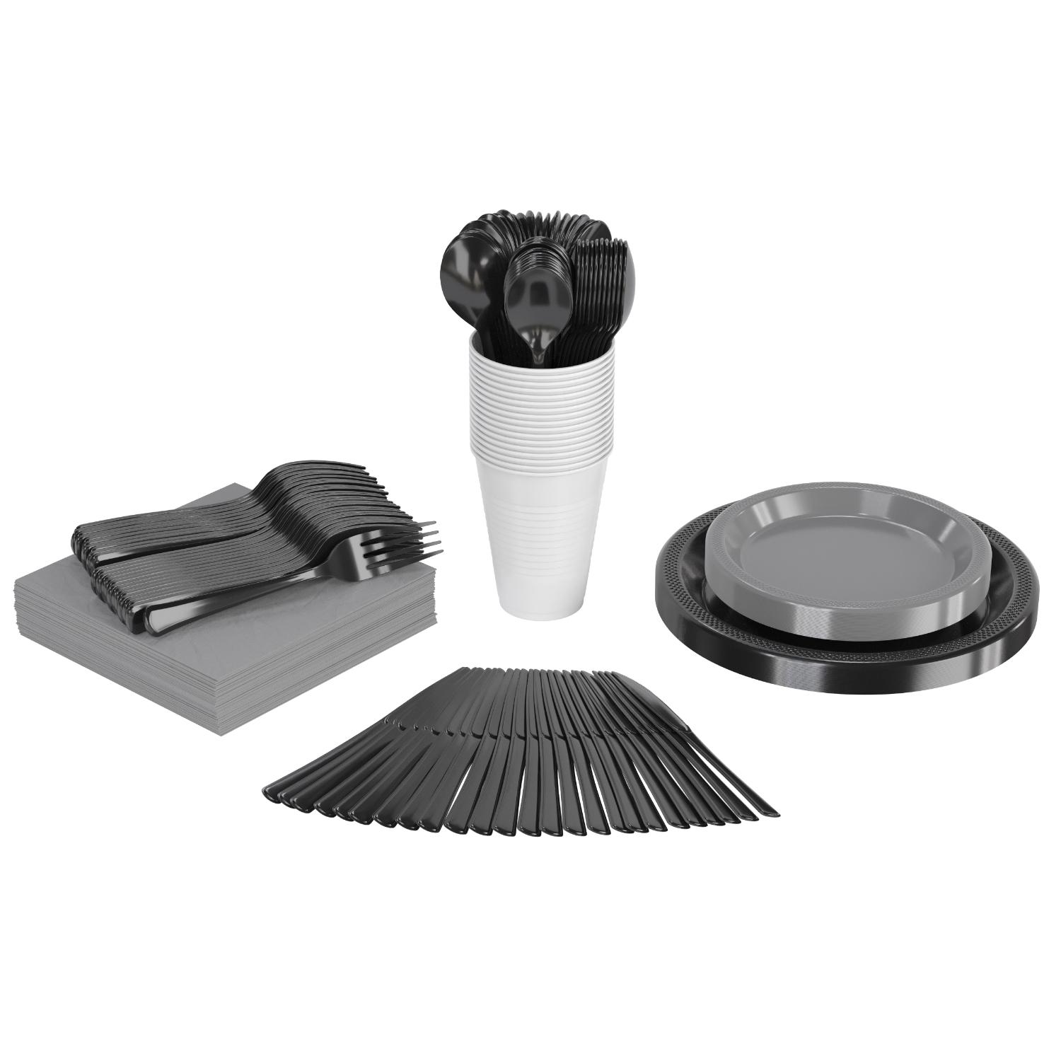 350 Pcs Black/White/Silver/Green Disposable Tableware Set