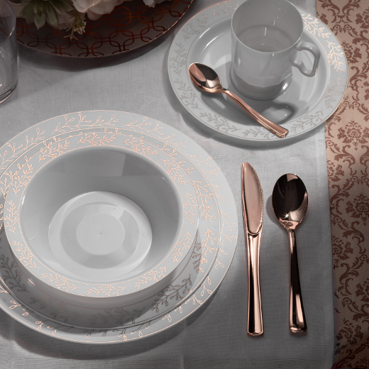 Alternate image of White/Rose Gold Leaf Design Dinnerware Set