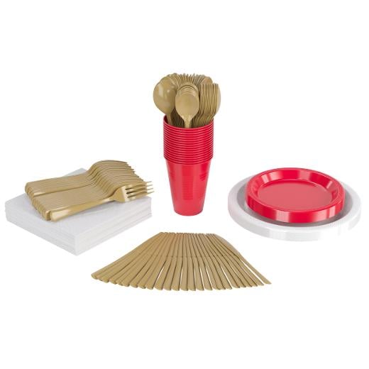 Main image of 350 Pcs Red/White/Gold Disposable Tableware Set
