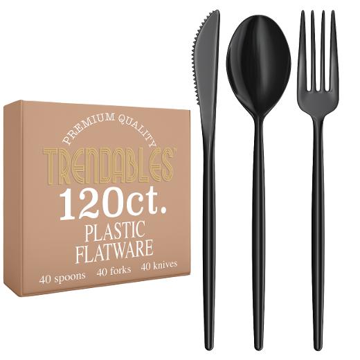 Main image of 120 Pack - Trendables Gloss Cutlery Combo Black - 40 Forks, 40 Spoons, 40 Knives