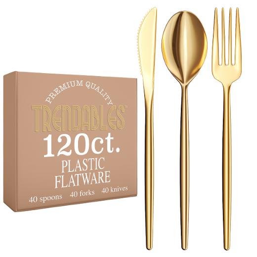 Main image of 120 Pack - Trendables Gloss Cutlery Combo Gold - 40 Forks, 40 Spoons, 40 Knives
