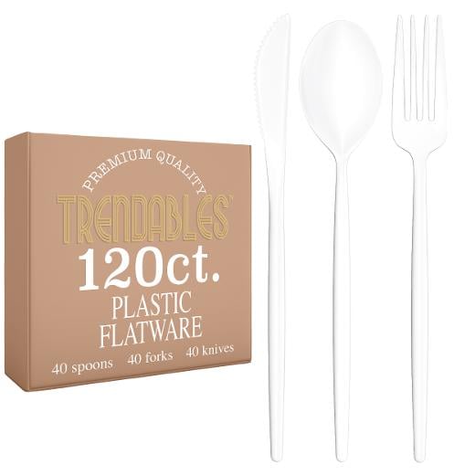 Main image of 120 Pack - Trendables Gloss Cutlery Combo White - 40 Forks, 40 Spoons, 40 Knives