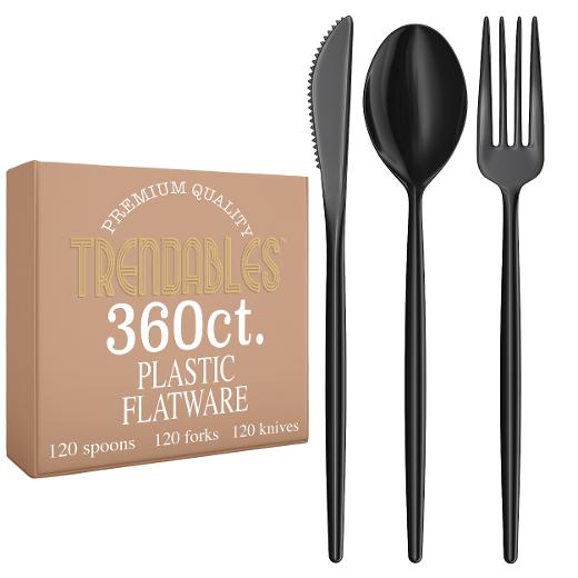 Main image of 360 Pack - Trendables Gloss Cutlery Combo Black - 120 Forks, 120 Spoons, 120 Knives