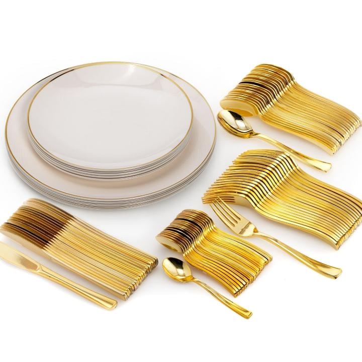 ivory plastic plates with gold rim and gold cutlery