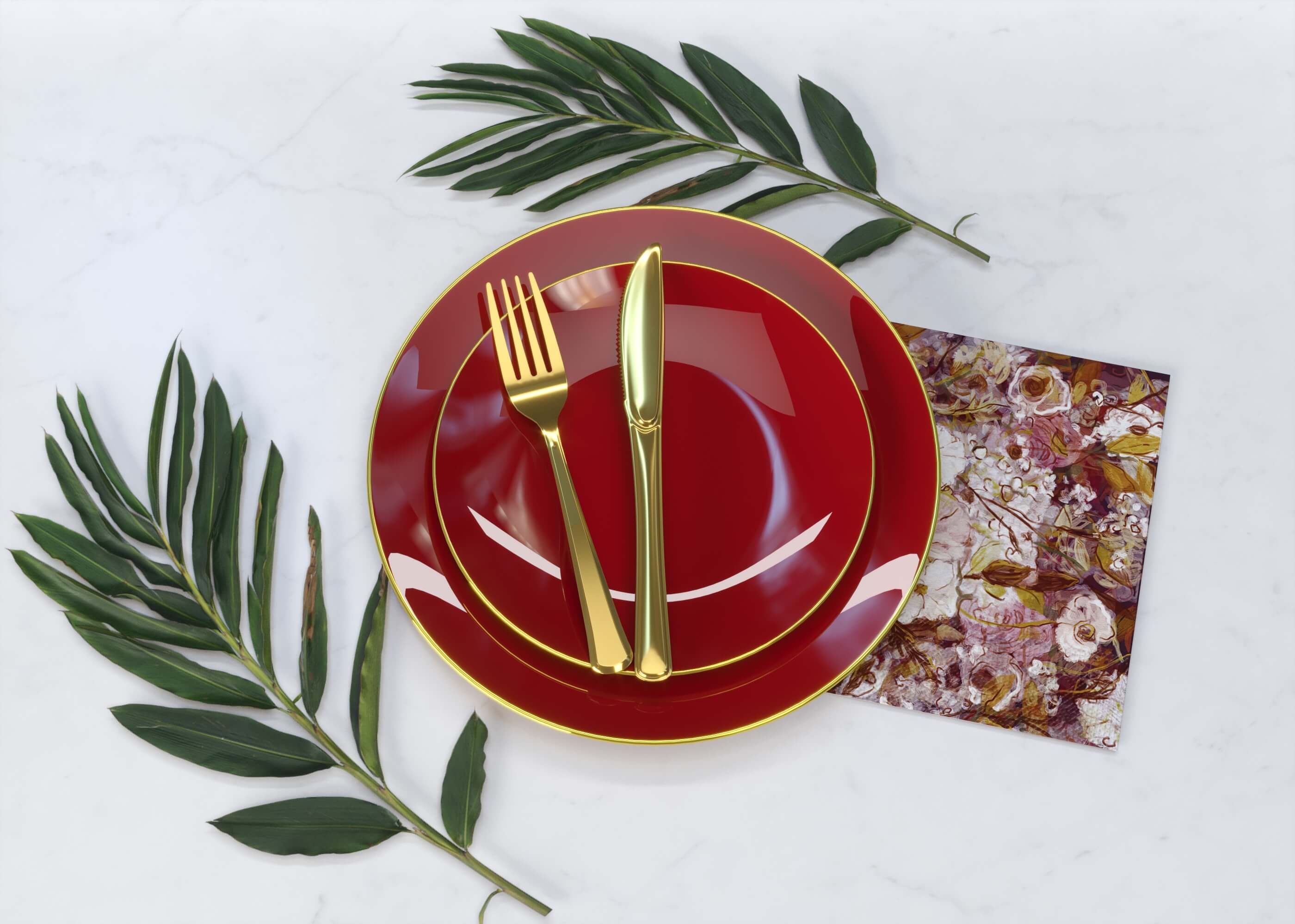 burgundy plastic plates with gold cutlery