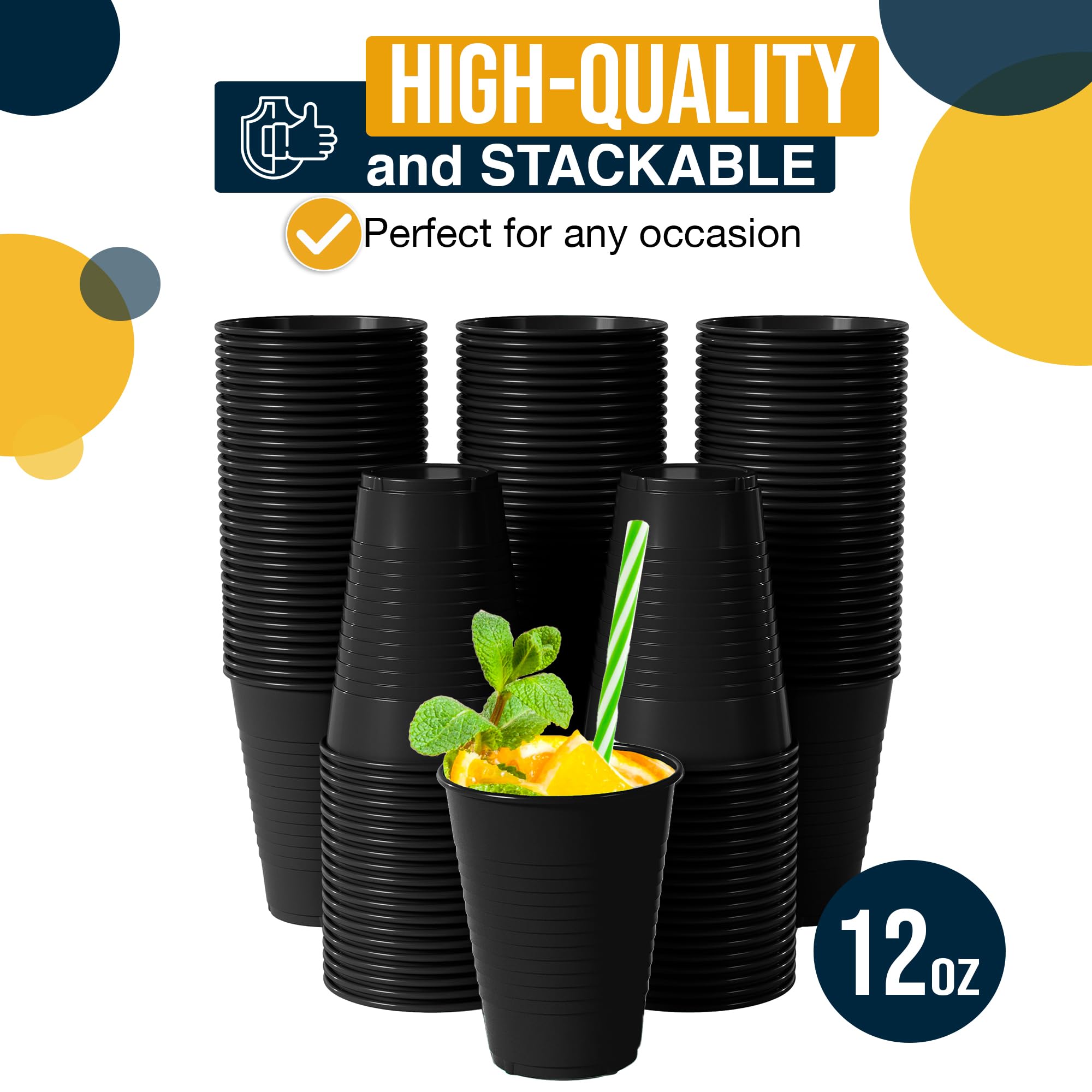 12 Oz. Black Plastic Cups | 50 Count