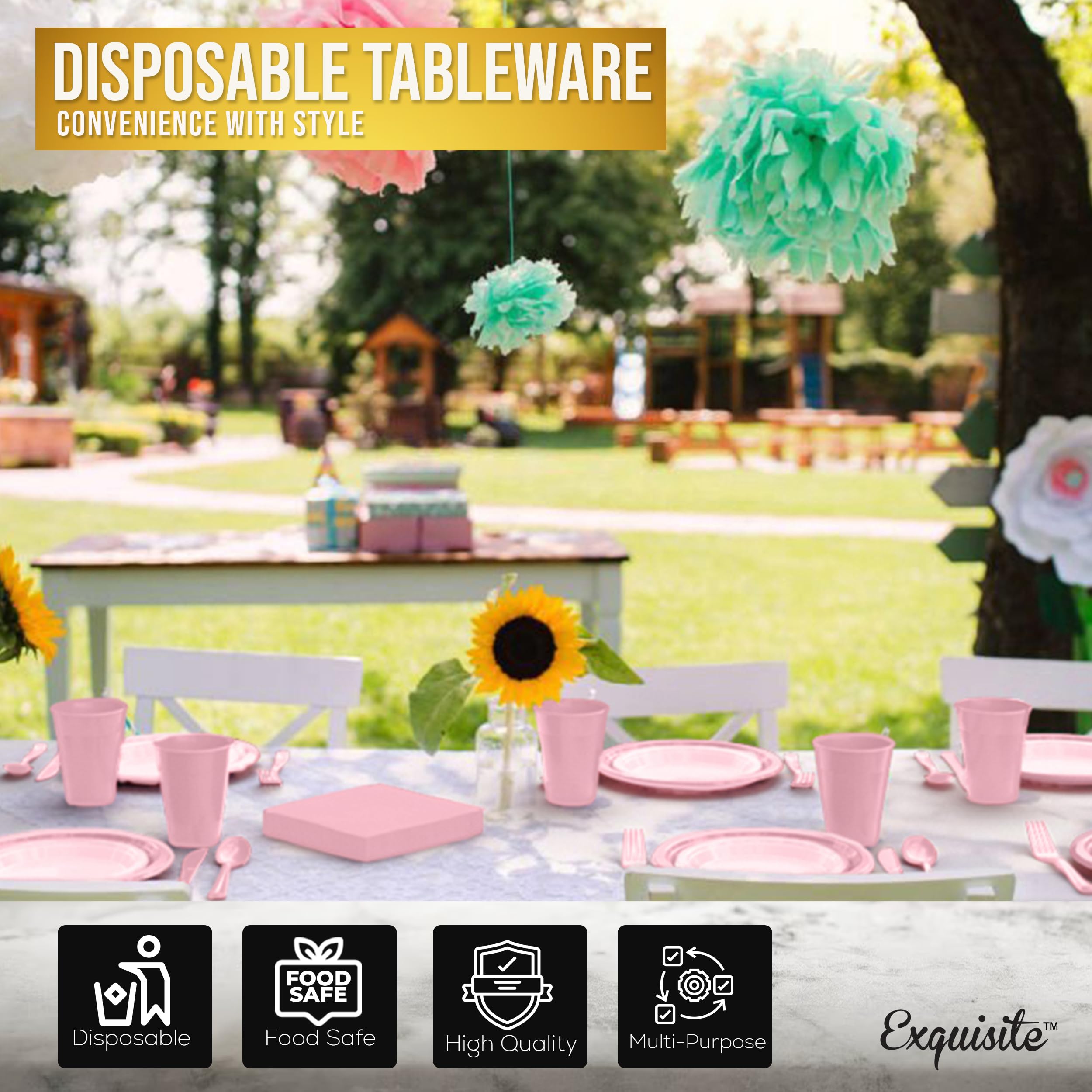 350 Pcs Pink Plastic Disposable Tableware Set