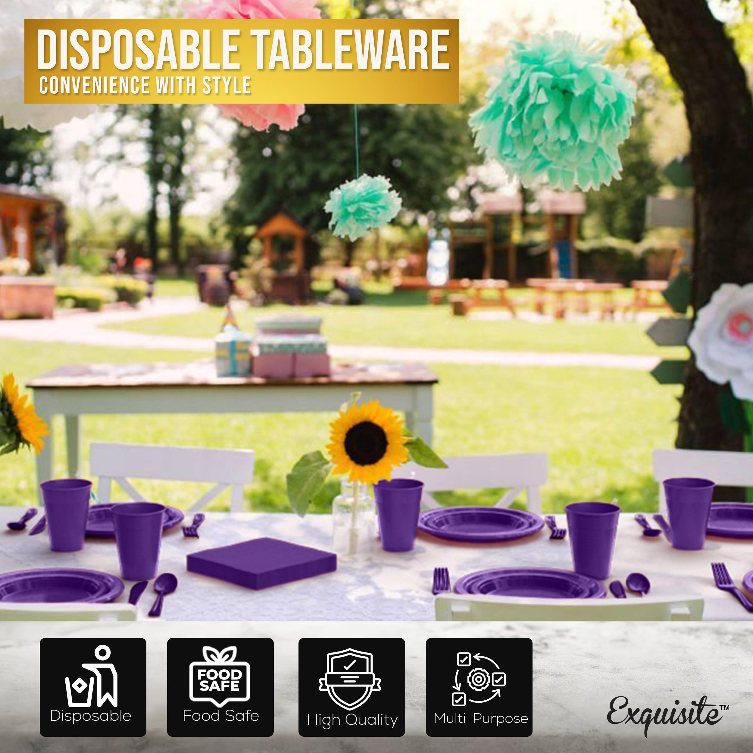 350 Pcs Purple Plastic Disposable Tableware Set