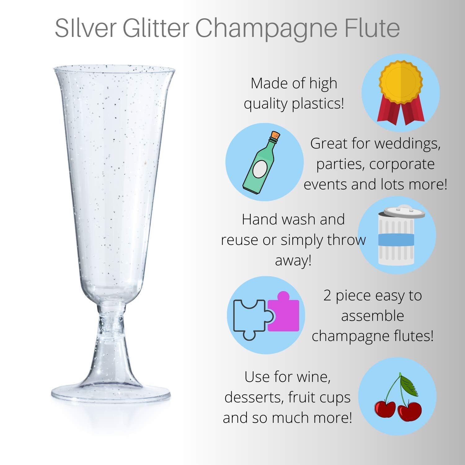 5 Oz. Silver Sparkle Plastic Flute Glasses | 12 Count