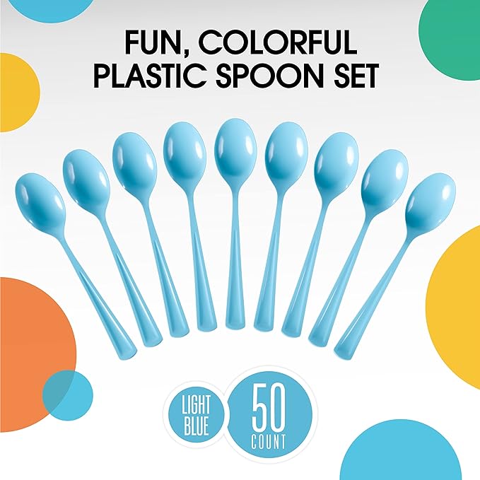 Heavy Duty Light Blue Plastic Spoons | 50 Count