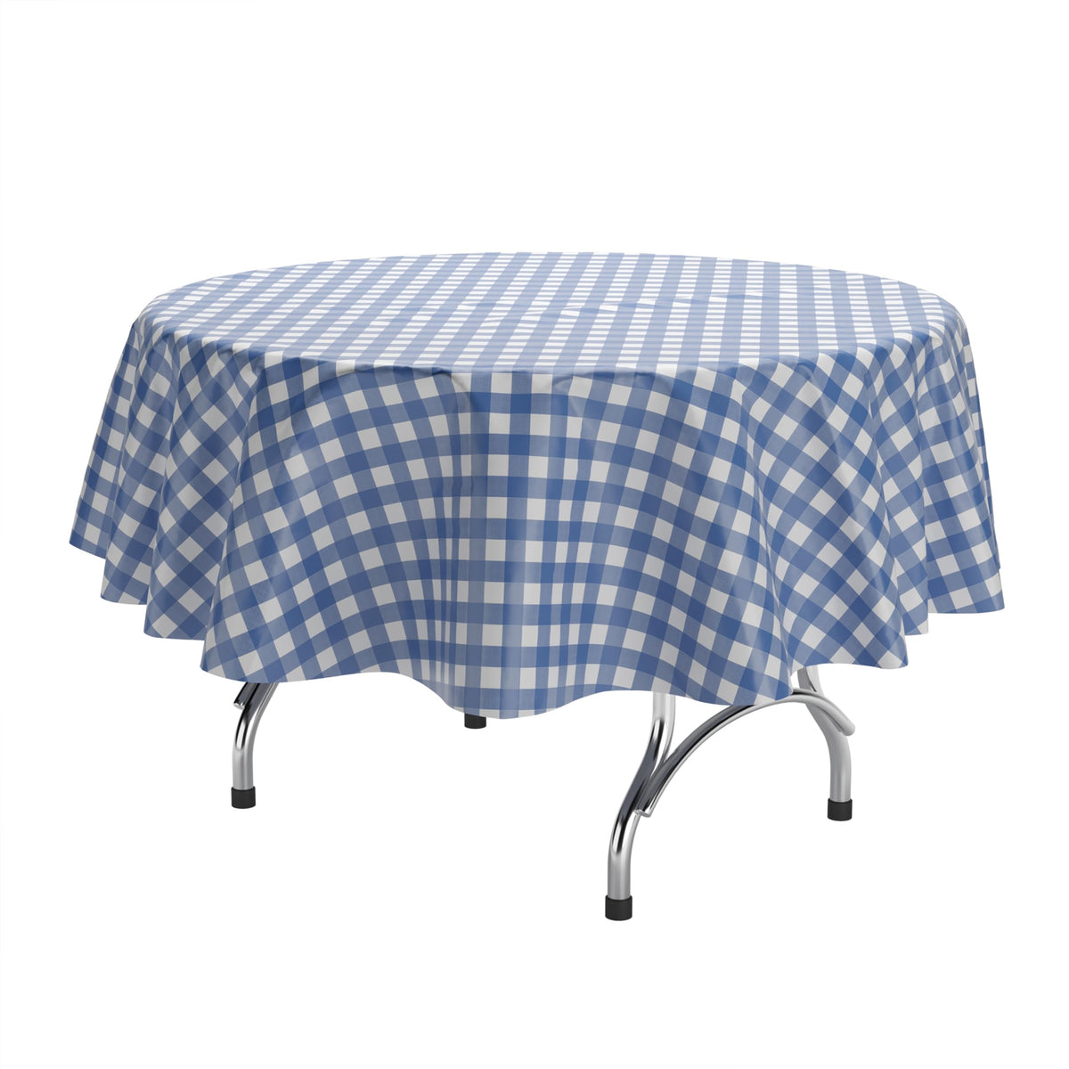 Round Blue Gingham Print Plastic Tablecloth