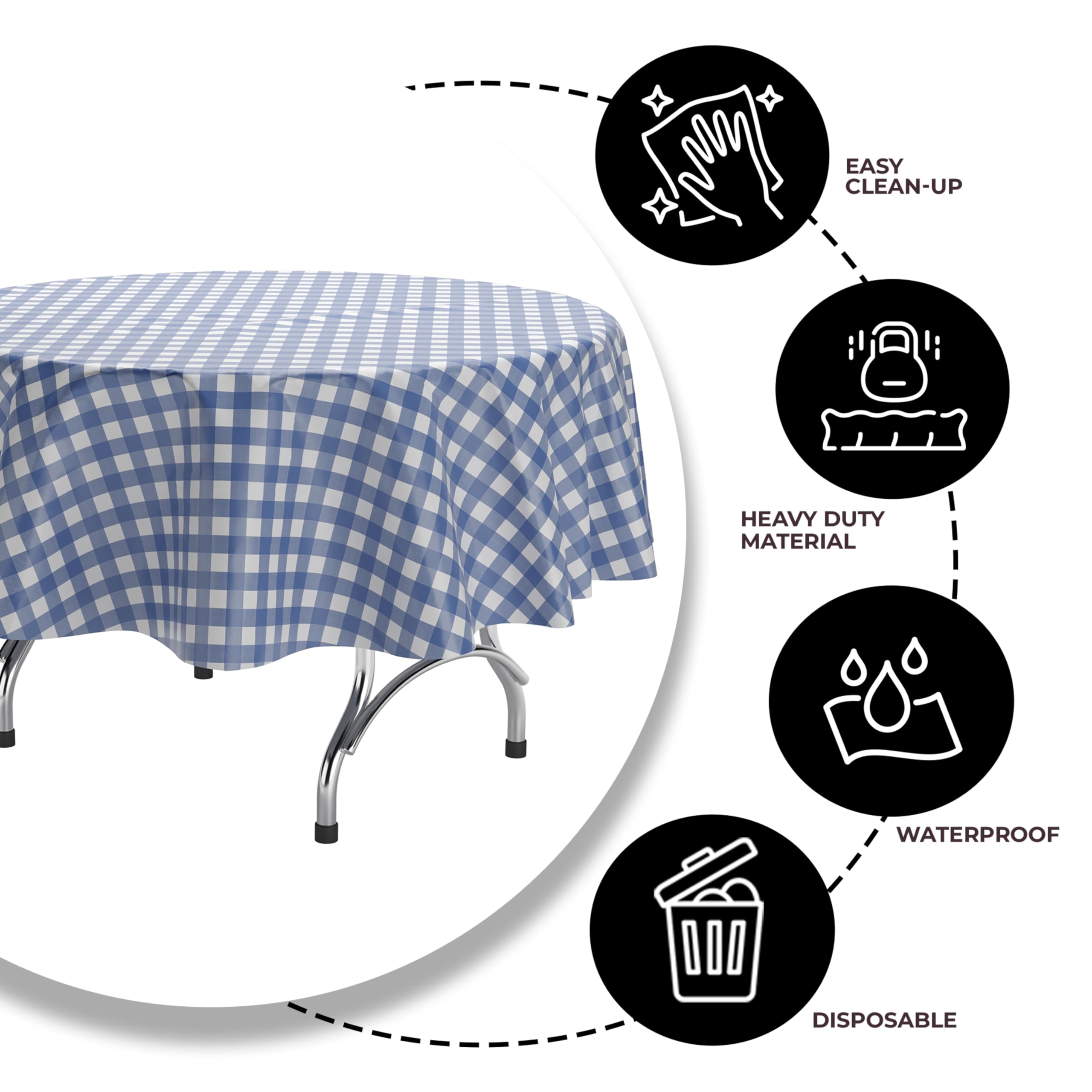 Round Blue Gingham Print Plastic Tablecloth