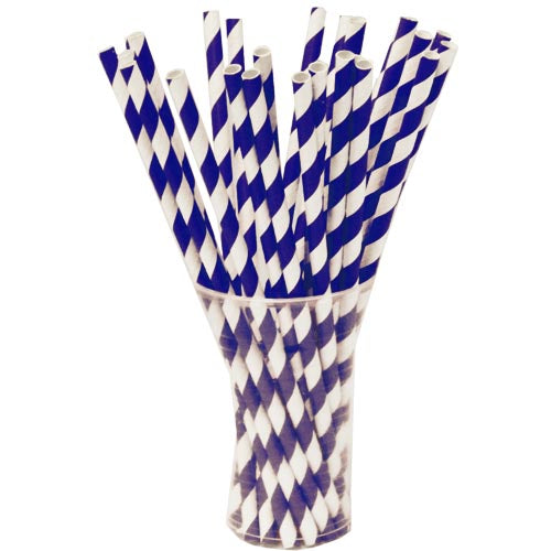 Navy Blue Striped Paper Straws | 25 Count