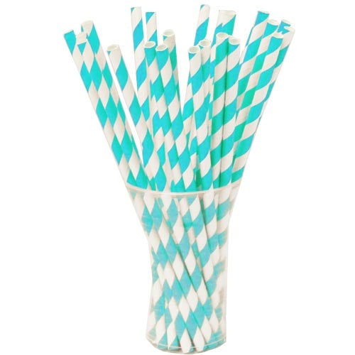 Aqua Blue Striped Paper Straws | 25 Count